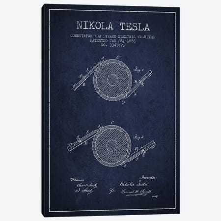 Tesla Commutator Navy Blue Patent Blueprint Canvas Print #ADP523} by Aged Pixel Canvas Wall Art