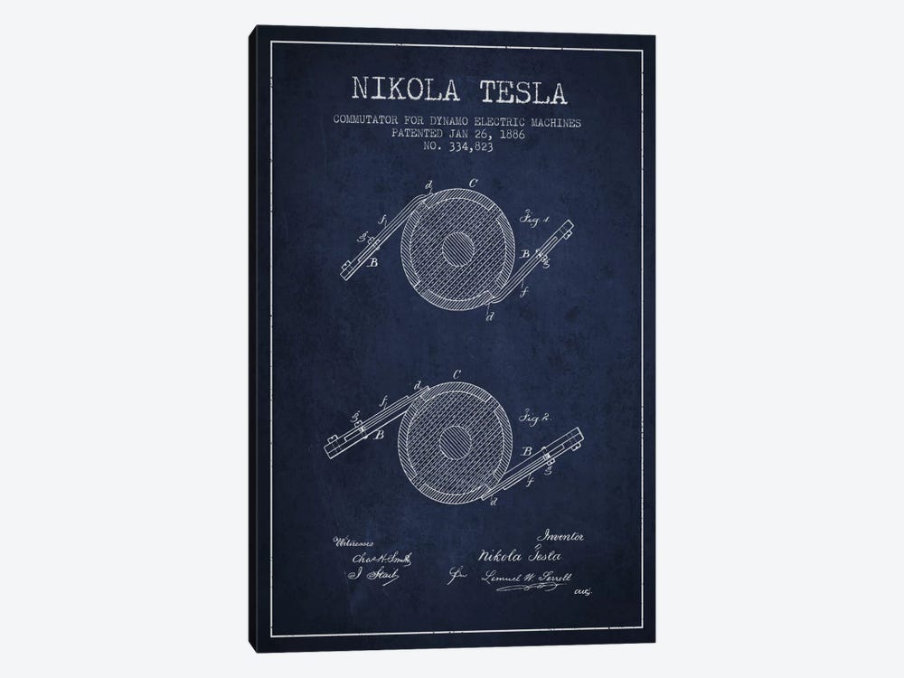Tesla Commutator Navy Blue Patent Blueprint by Aged Pixel 1-piece Canvas Wall Art