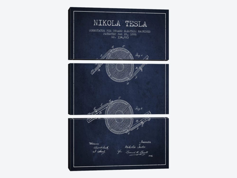 Tesla Commutator Navy Blue Patent Blueprint by Aged Pixel 3-piece Canvas Wall Art