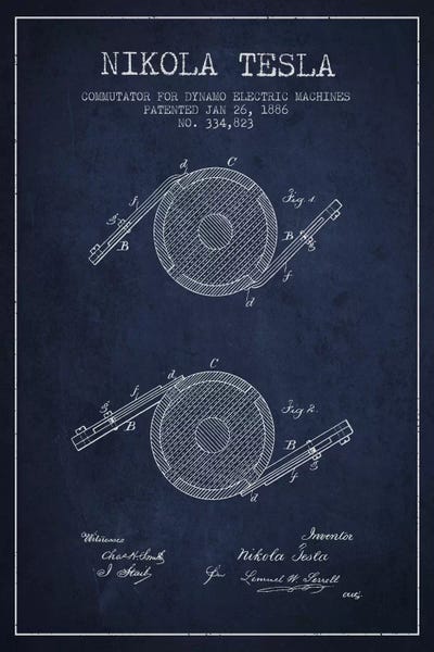 Engineering & Machinery Blueprints: Tesla Commutator Navy Blue Patent Blueprint by Aged Pixel