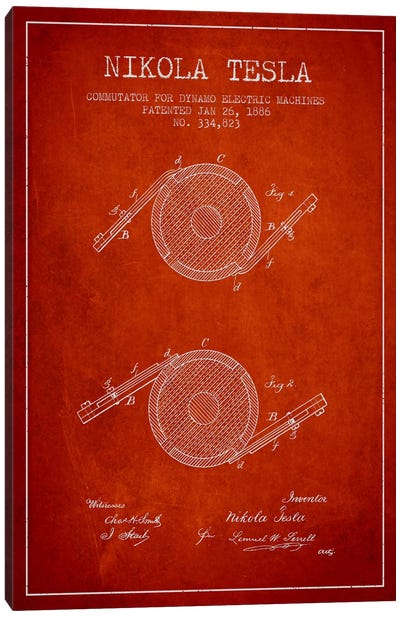 Tesla Commutator Red Patent Blueprint Canvas Art Print - Aged Pixel