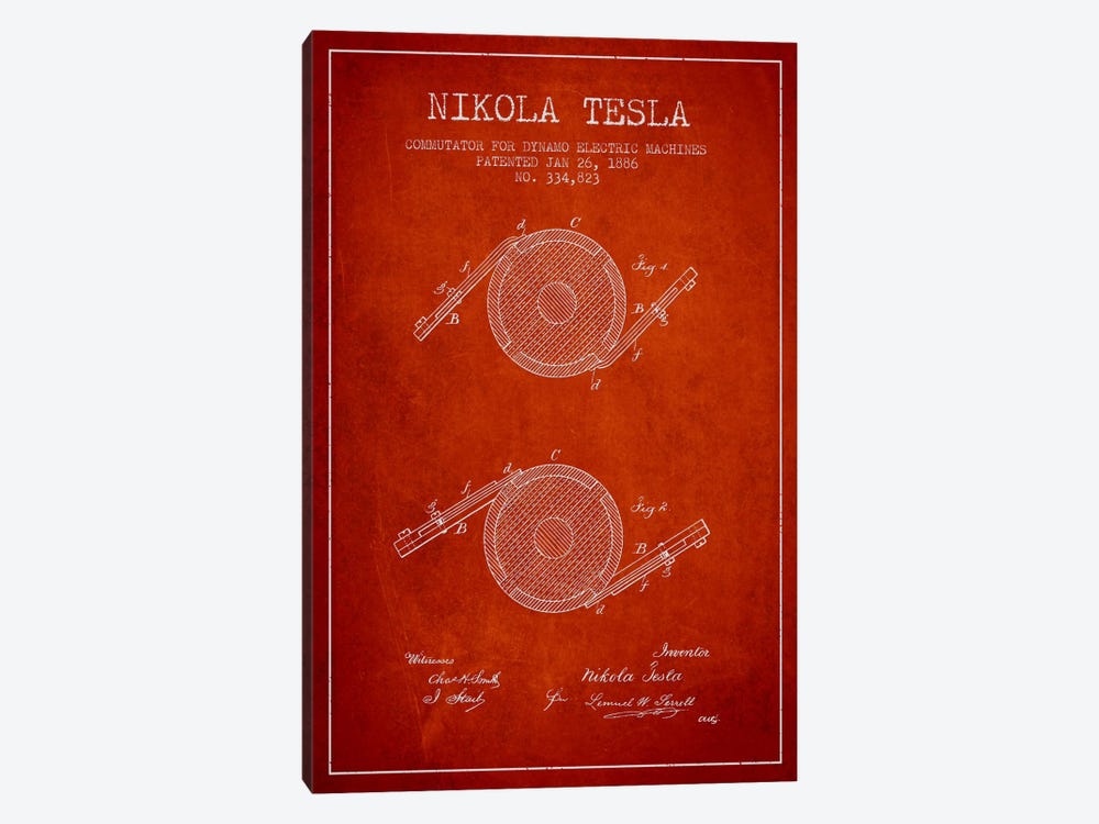 Tesla Commutator Red Patent Blueprint by Aged Pixel 1-piece Canvas Print