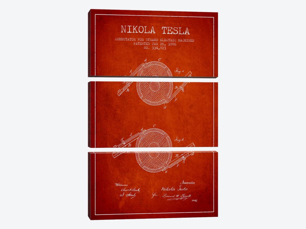 Tesla Commutator Red Patent Blueprint by Aged Pixel 3-piece Canvas Art Print