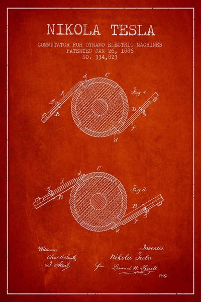 Tesla Commutator Red Patent Blueprint