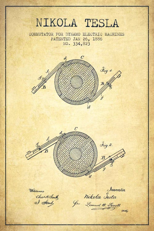 Tesla Commutator Vintage Patent Blueprint by Aged Pixel wall art