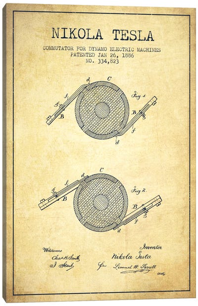 Tesla Commutator Vintage Patent Blueprint Canvas Art Print - Engineering & Machinery Blueprints