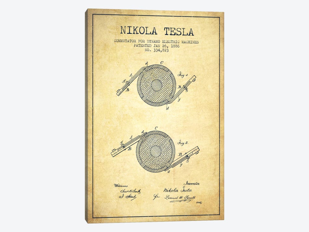 Tesla Commutator Vintage Patent Blueprint by Aged Pixel 1-piece Canvas Artwork
