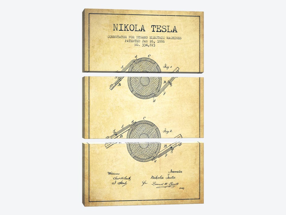 Tesla Commutator Vintage Patent Blueprint by Aged Pixel 3-piece Canvas Artwork