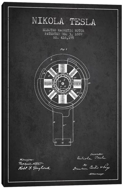 Tesla Electromagnetic Charcoal Patent Blueprint Canvas Art Print - Engineering & Machinery Blueprints
