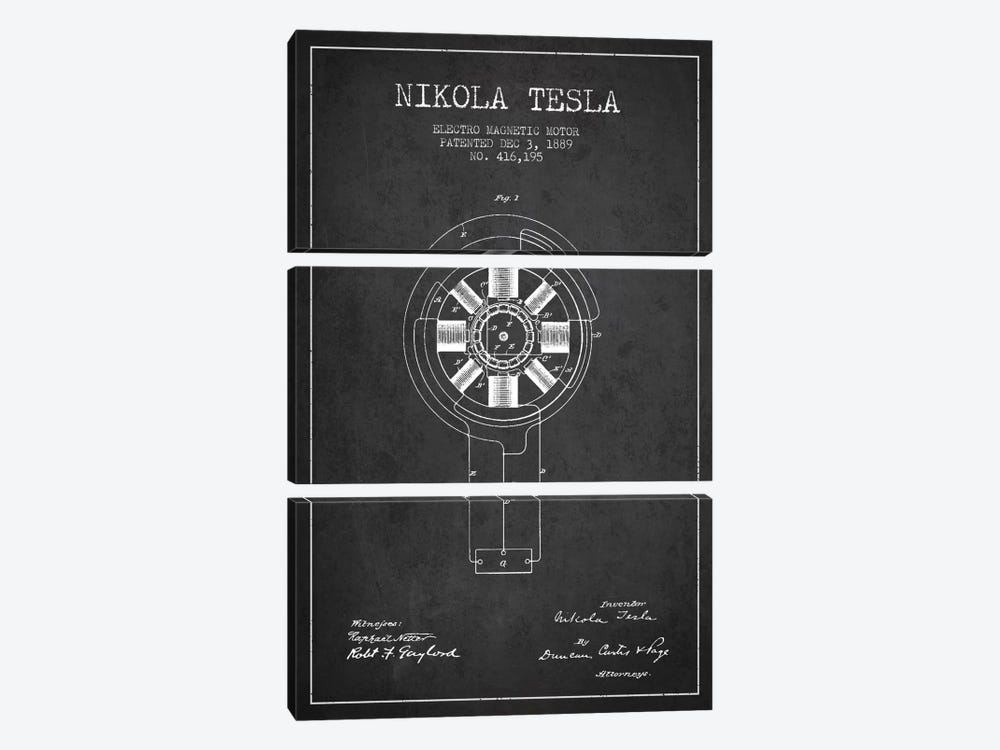 Tesla Electromagnetic Charcoal Patent Blueprint by Aged Pixel 3-piece Canvas Art Print