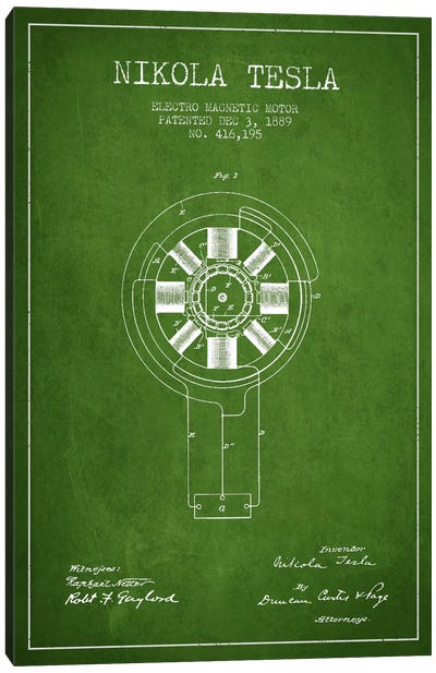 Tesla Electromagnetic Green Patent Blueprint Canvas Art Print - Engineering & Machinery Blueprints