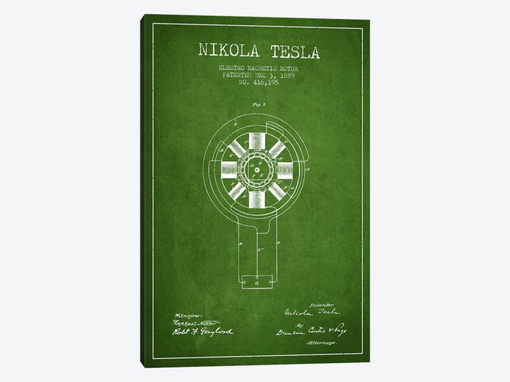 Tesla Electromagnetic Green Patent Blueprint by Aged Pixel 1-piece Canvas Art