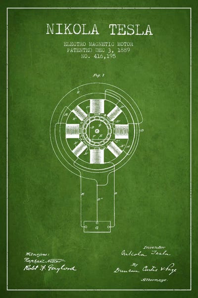 Engineering & Machinery Blueprints: Tesla Electromagnetic Green Patent Blueprint by Aged Pixel