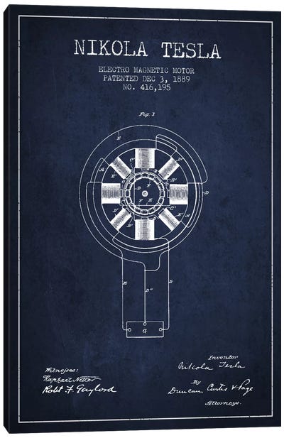 Tesla Electromagnetic Navy Blue Patent Blueprint Canvas Art Print - Blueprints & Patent Sketches