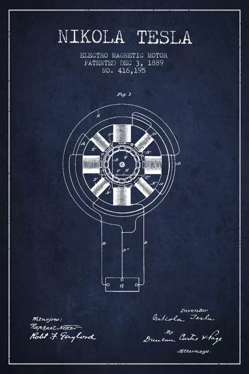 Tesla Electromagnetic Navy Blue Patent Blueprint by Aged Pixel wall art