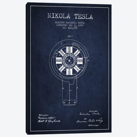 Tesla Electromagnetic Navy Blue Patent Blueprint Canvas Print #ADP528} by Aged Pixel Canvas Art