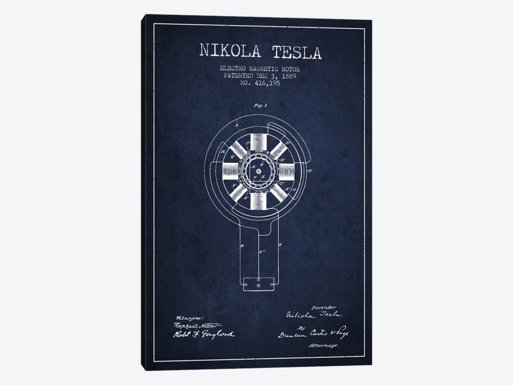 Tesla Electromagnetic Navy Blue Patent Blueprint by Aged Pixel 1-piece Canvas Art Print