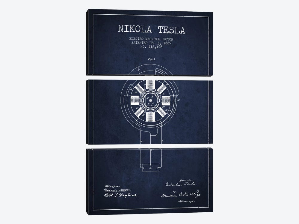 Tesla Electromagnetic Navy Blue Patent Blueprint by Aged Pixel 3-piece Canvas Art Print
