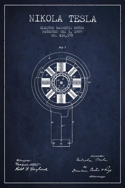Aged Pixel: Tesla Electromagnetic Navy Blue Patent Blueprint by Aged Pixel