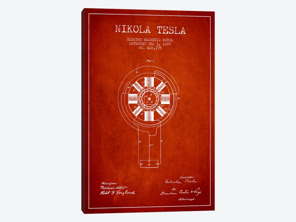 Tesla Electromagnetic Red Patent Bluepri - Canvas Artwork | Aged Pixel