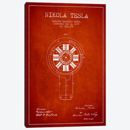 Tesla Electromagnetic Red Patent Blueprint Canvas Print #ADP529} by Aged Pixel Canvas Artwork