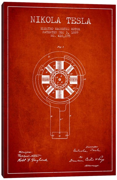 Tesla Electromagnetic Red Patent Blueprint Canvas Art Print - Aged Pixel: Engineering & Machinery