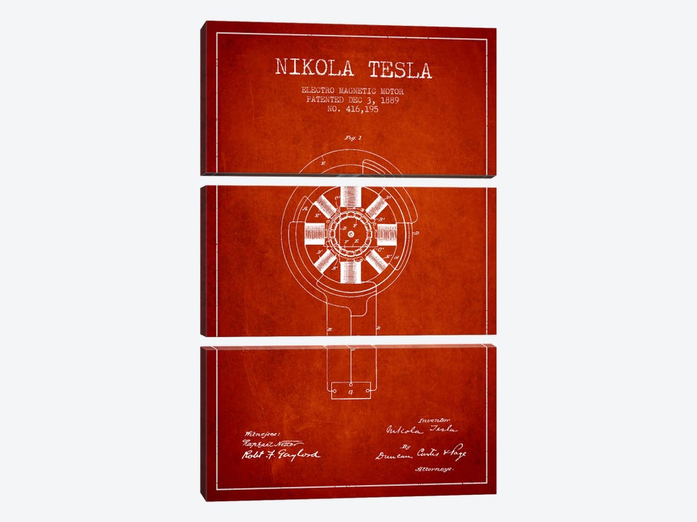 Tesla Electromagnetic Red Patent Blueprint by Aged Pixel 3-piece Canvas Artwork