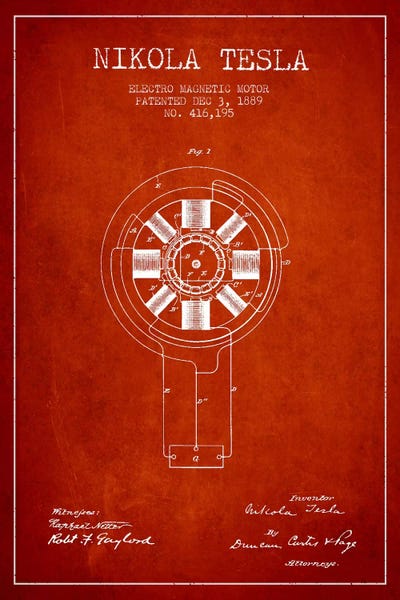 Engineering & Machinery Blueprints: Tesla Electromagnetic Red Patent Blueprint by Aged Pixel