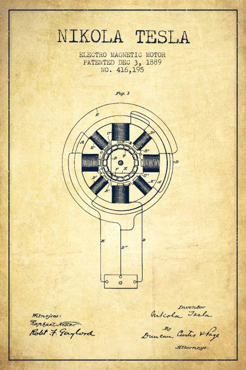 Tesla Electromagnetic Vintage Patent Blueprint by Aged Pixel wall art