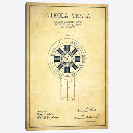Tesla Electromagnetic Vintage Patent Blueprint Canvas Print #ADP530} by Aged Pixel Art Print