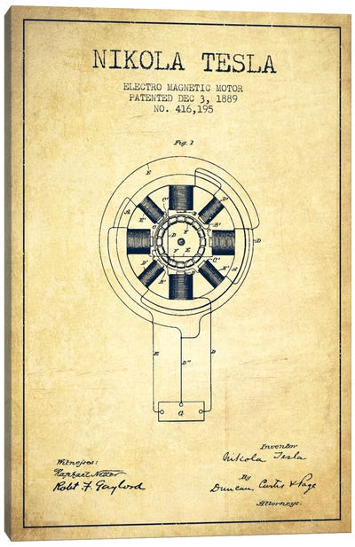 Tesla Electromagnetic Vintage Patent Blueprint Canvas Art Print - Aged Pixel: Engineering & Machinery