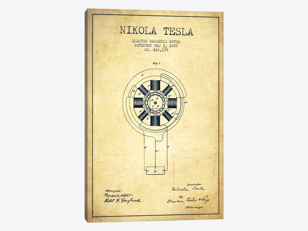 Tesla Electromagnetic Vintage Patent Blueprint by Aged Pixel 1-piece Canvas Artwork