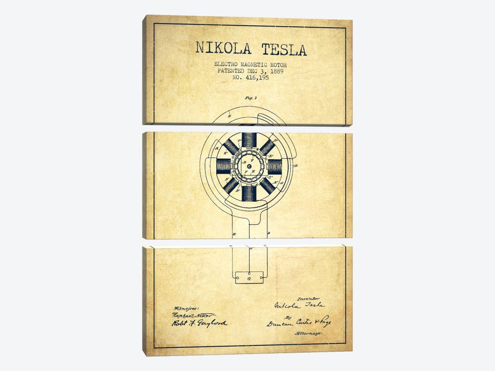 Tesla Electromagnetic Vintage Patent Blueprint by Aged Pixel 3-piece Canvas Art