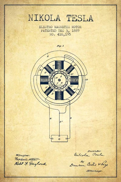 Engineering & Machinery Blueprints: Tesla Electromagnetic Vintage Patent Blueprint by Aged Pixel