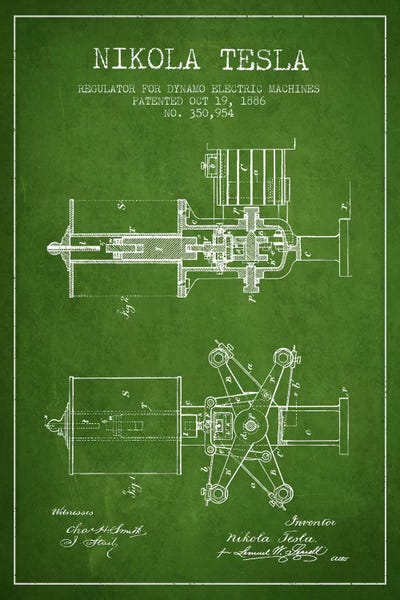 Tesla Regulator Green Patent Blueprint by Aged Pixel metal wall art