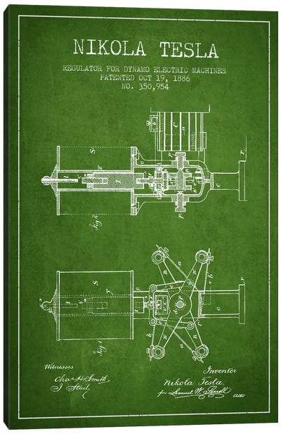 Tesla Regulator Green Patent Blueprint Canvas Art Print - Aged Pixel: Engineering & Machinery