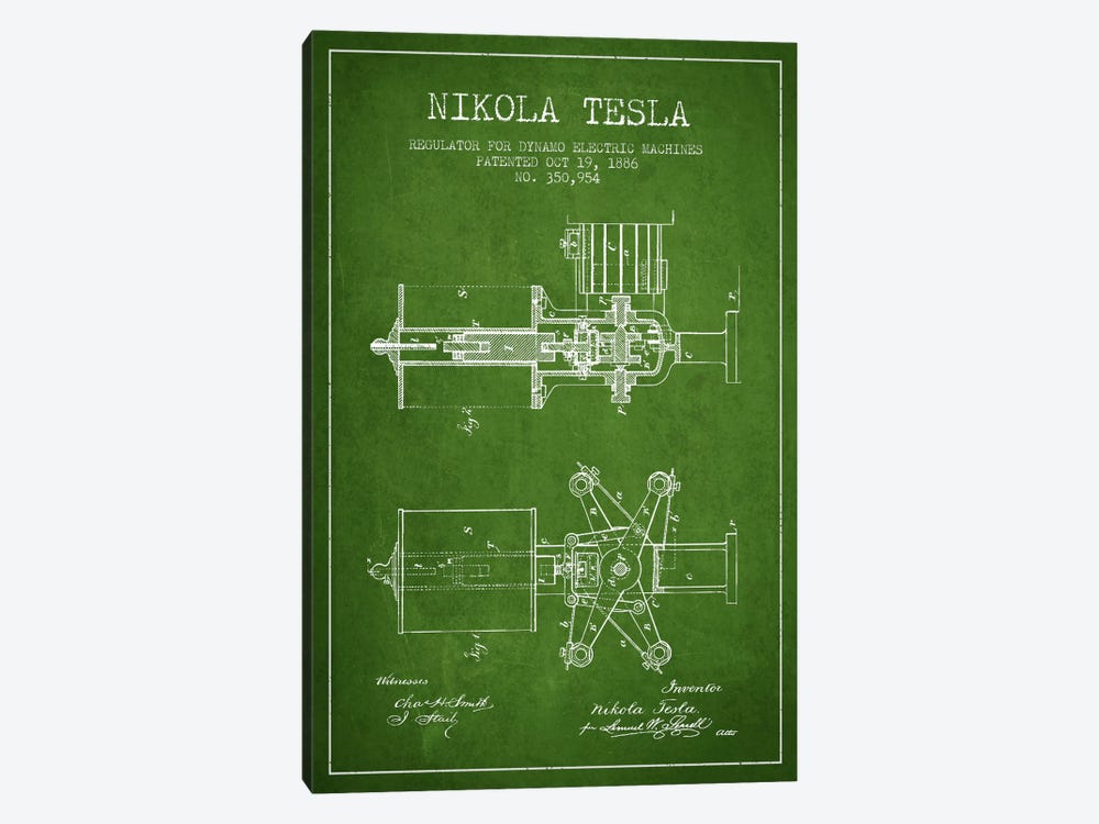 Tesla Regulator Green Patent Blueprint by Aged Pixel 1-piece Canvas Artwork