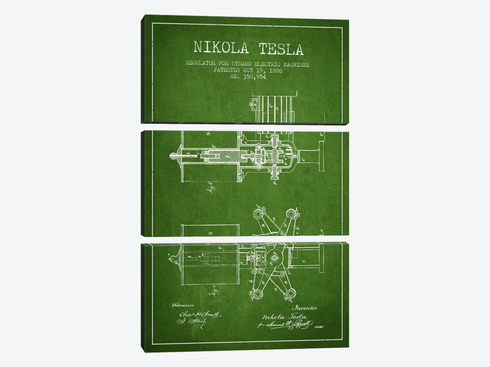 Tesla Regulator Green Patent Blueprint by Aged Pixel 3-piece Canvas Art