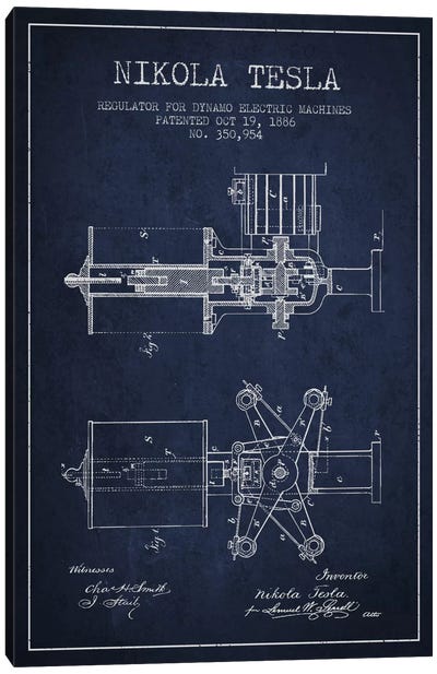 Tesla Regulator Navy Blue Patent Blueprint Canvas Art Print - Engineering & Machinery Blueprints