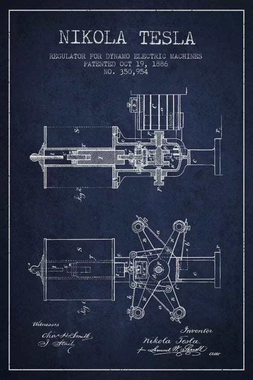 Tesla Regulator Navy Blue Patent Blueprint by Aged Pixel wall art
