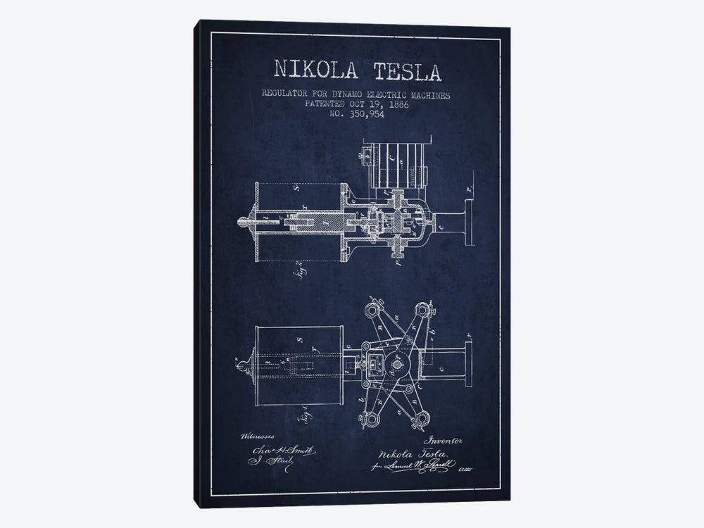 Tesla Regulator Navy Blue Patent Blueprint by Aged Pixel 1-piece Canvas Art Print