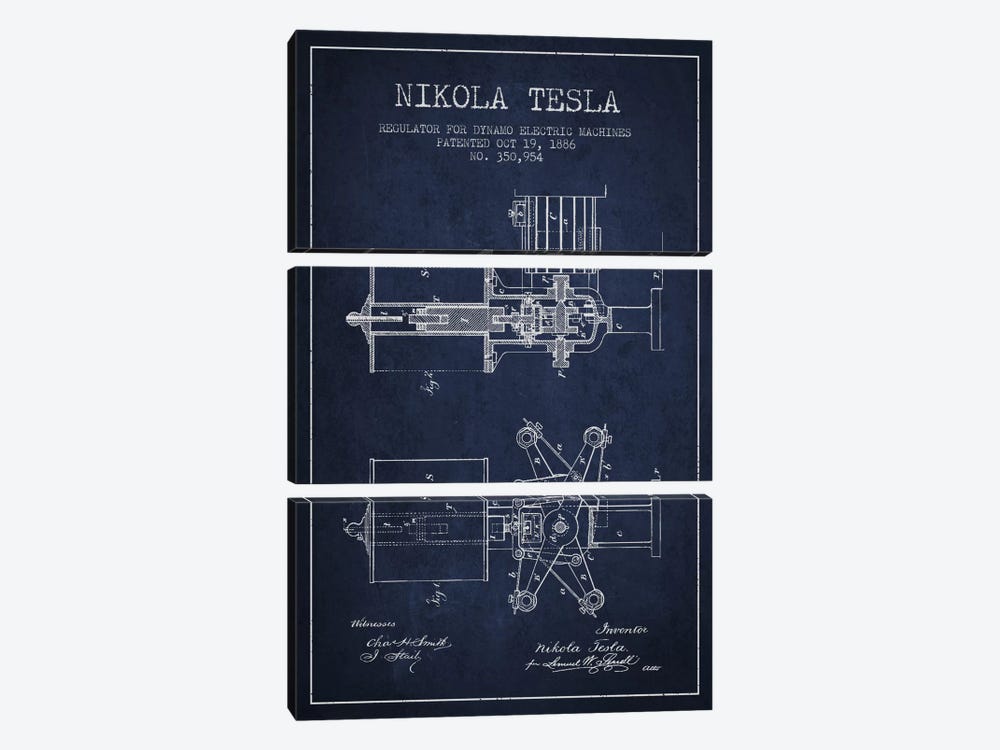 Tesla Regulator Navy Blue Patent Blueprint by Aged Pixel 3-piece Art Print