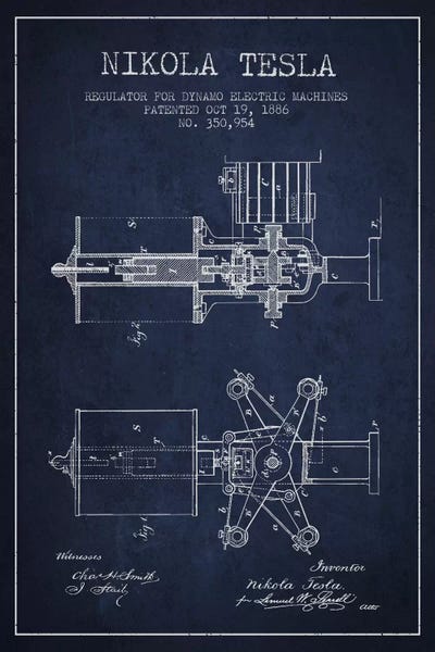 Engineering & Machinery Blueprints: Tesla Regulator Navy Blue Patent Blueprint by Aged Pixel