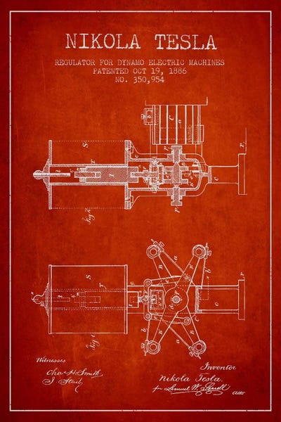 Tesla Regulator Red Patent Blueprint by Aged Pixel metal wall art