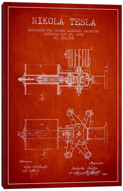 Tesla Regulator Red Patent Blueprint Canvas Art Print - Aged Pixel: Engineering & Machinery