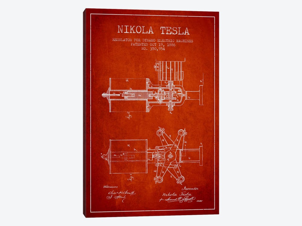 Tesla Regulator Red Patent Blueprint by Aged Pixel 1-piece Canvas Wall Art