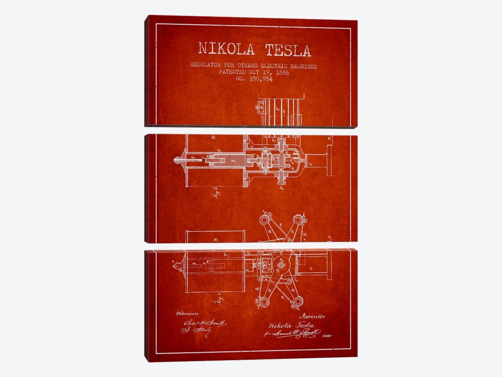 Tesla Regulator Red Patent Blueprint by Aged Pixel 3-piece Canvas Wall Art