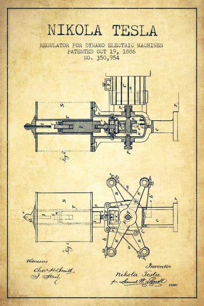 Tesla Regulator Vintage Patent Blueprint by Aged Pixel metal wall art