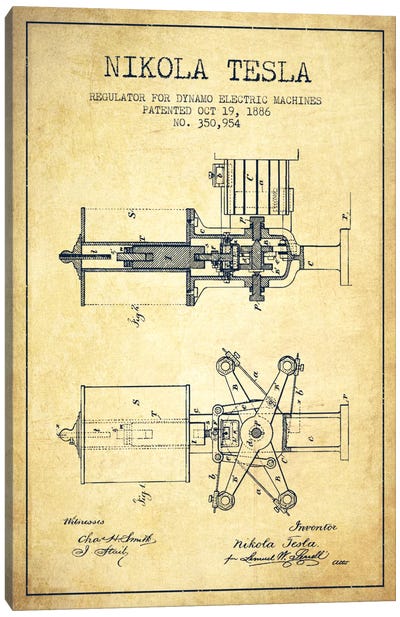 Tesla Regulator Vintage Patent Blueprint Canvas Art Print - Engineering & Machinery Blueprints