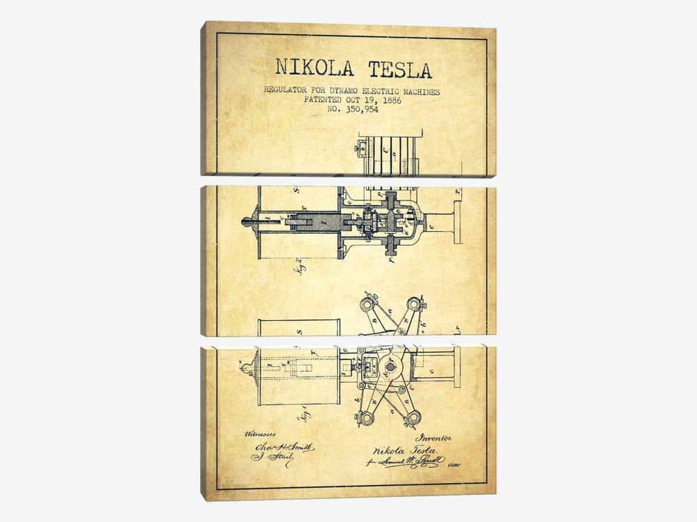 Tesla Regulator Vintage Patent Blueprint by Aged Pixel 3-piece Canvas Art Print